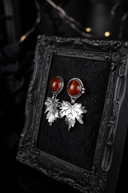 EKRJ1119 Amber Stud Earrings with Maple Leaf Sterling Silver Drop