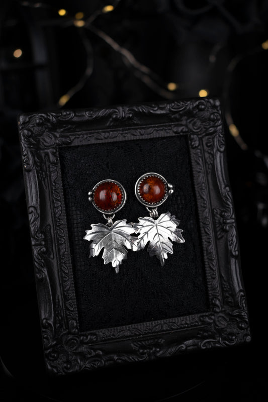 EKRJ1119 Amber Stud Earrings with Maple Leaf Sterling Silver Drop
