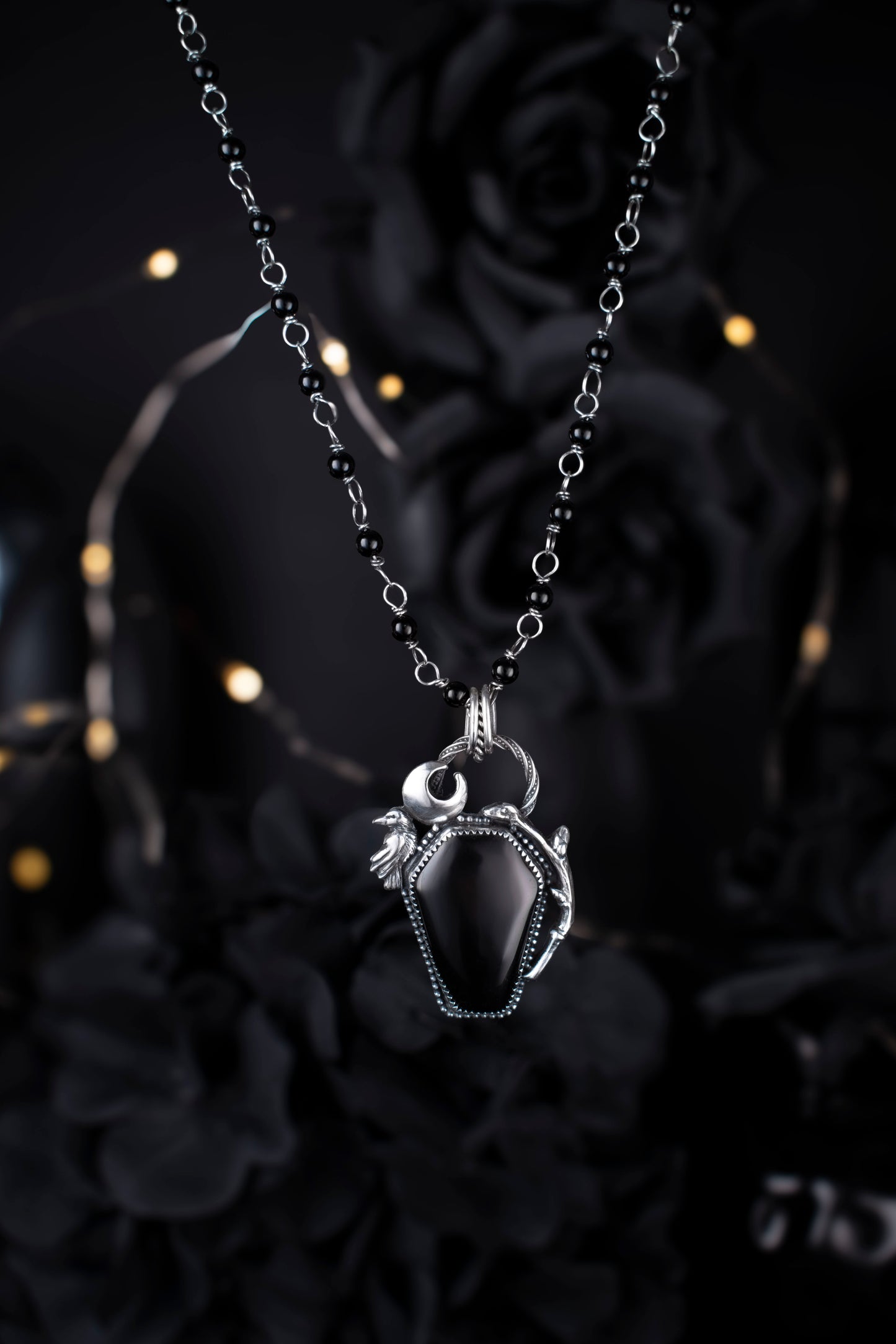 EKRJ1130 The Raven’s Vigil: One-of-a-Kind Sterling Silver & Black Onyx Coffin Necklace