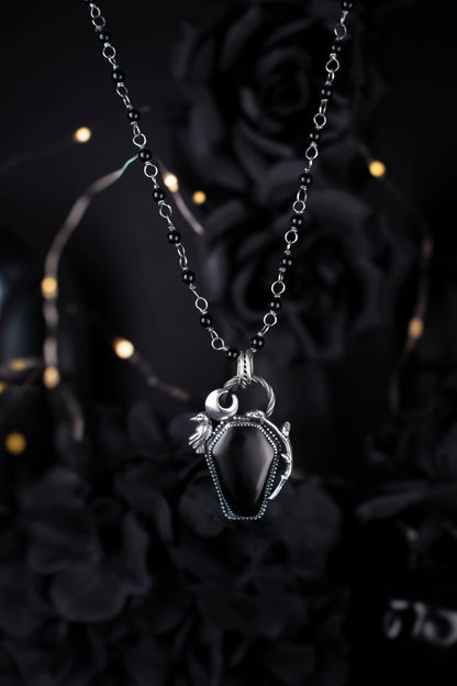 EKRJ1130 The Raven’s Vigil: One-of-a-Kind Sterling Silver & Black Onyx Coffin Necklace