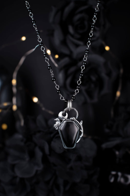 EKRJ1130 The Raven’s Vigil: One-of-a-Kind Sterling Silver & Black Onyx Coffin Necklace