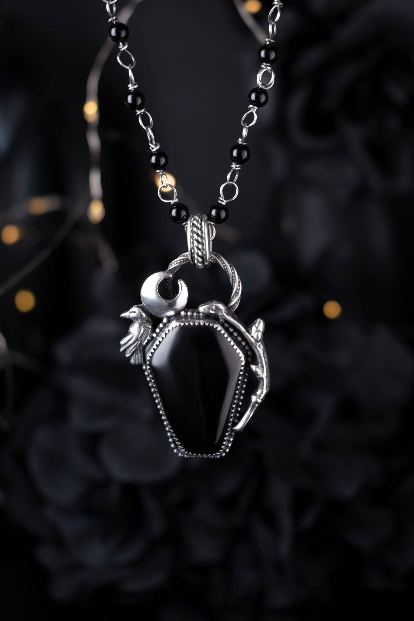 EKRJ1130 The Raven’s Vigil: One-of-a-Kind Sterling Silver & Black Onyx Coffin Necklace