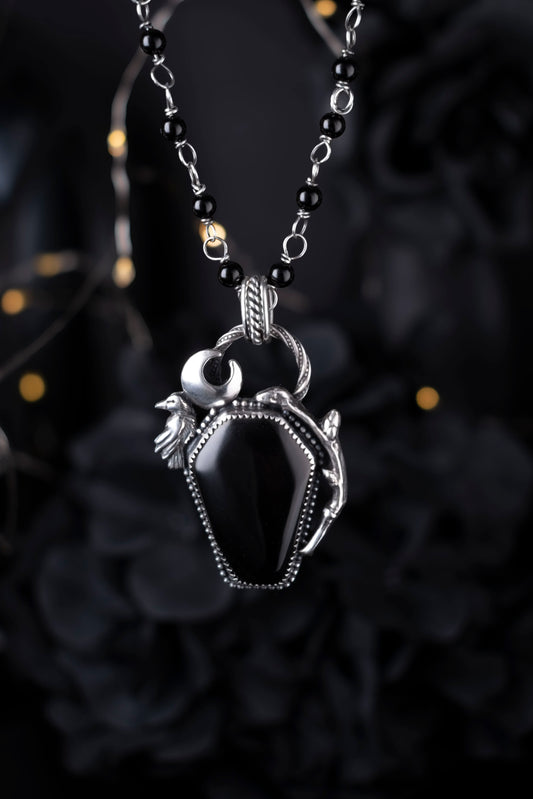 EKRJ1130 The Raven’s Vigil: One-of-a-Kind Sterling Silver & Black Onyx Coffin Necklace
