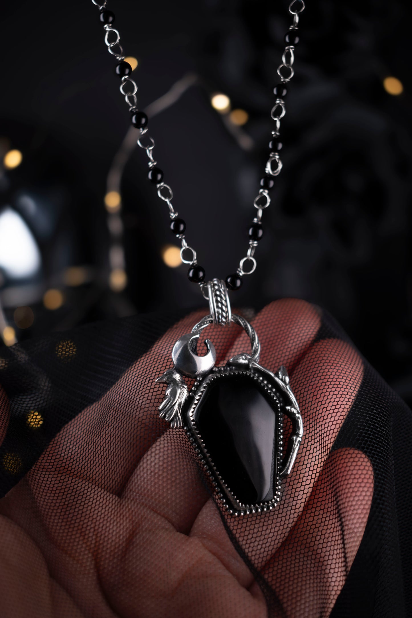 EKRJ1130 The Raven’s Vigil: One-of-a-Kind Sterling Silver & Black Onyx Coffin Necklace