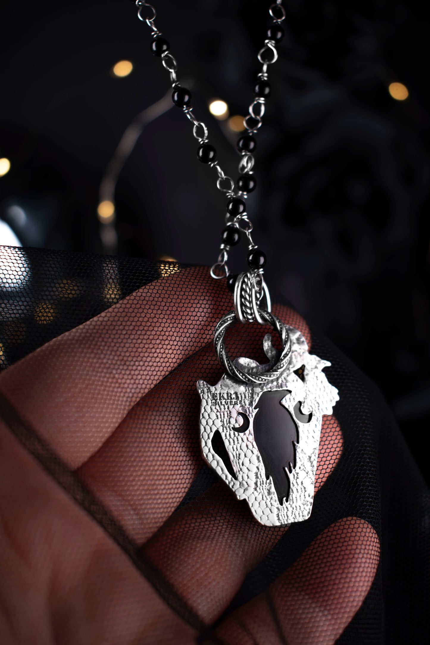 EKRJ1130 The Raven’s Vigil: One-of-a-Kind Sterling Silver & Black Onyx Coffin Necklace