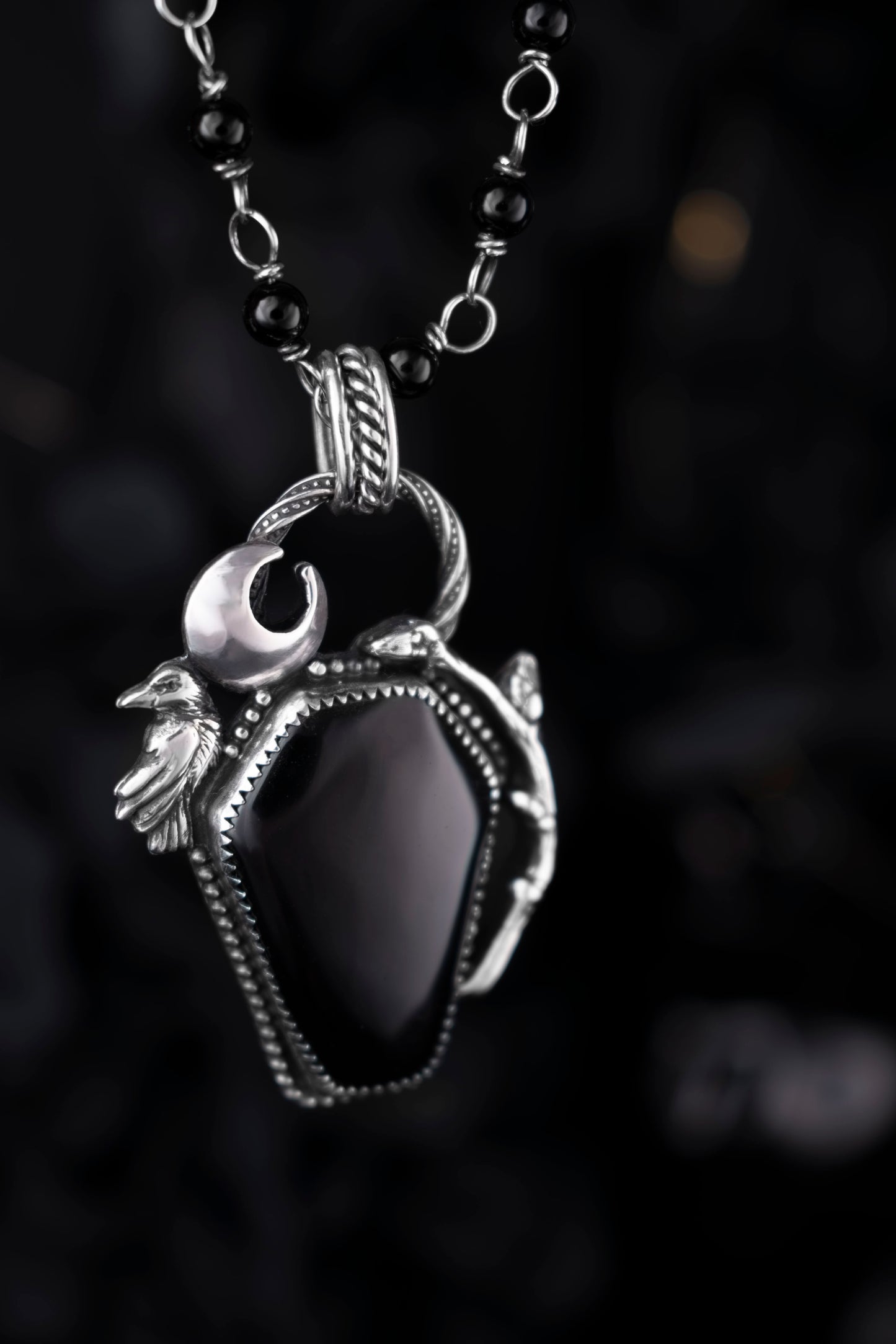EKRJ1130 The Raven’s Vigil: One-of-a-Kind Sterling Silver & Black Onyx Coffin Necklace