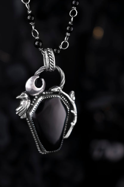 EKRJ1130 The Raven’s Vigil: One-of-a-Kind Sterling Silver & Black Onyx Coffin Necklace