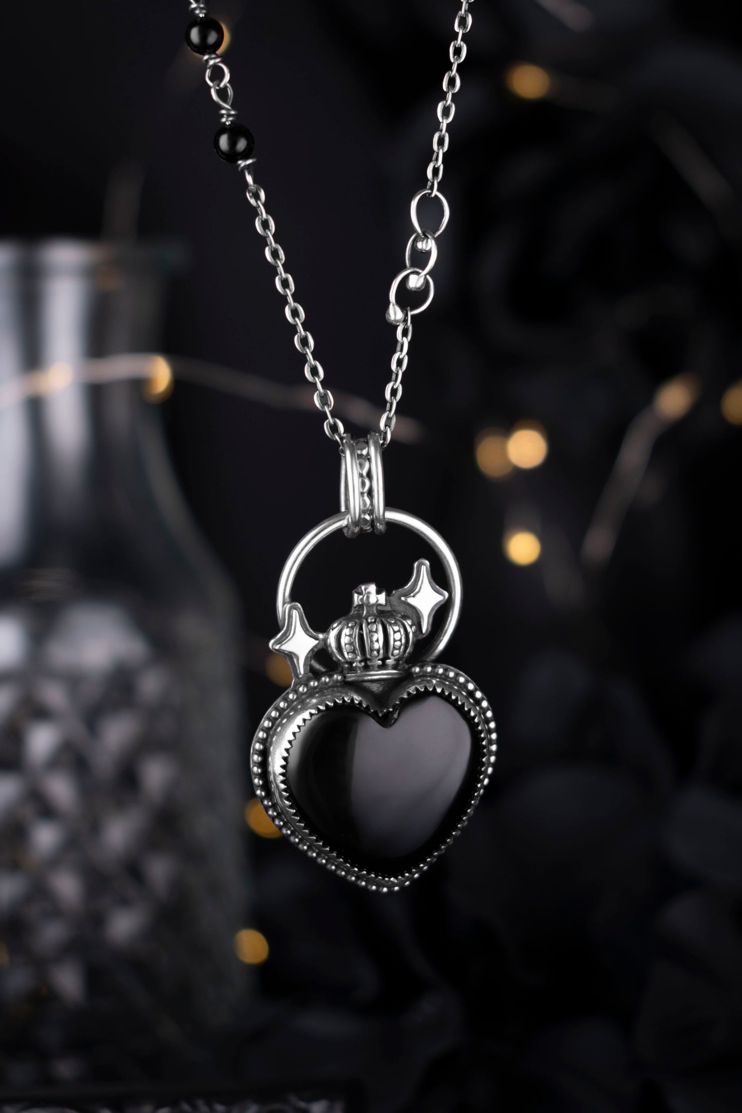 EKRJ1131 The Enchanted Noir Heart: One-of-a-Kind Sterling Silver & Black Onyx Crowned Necklace