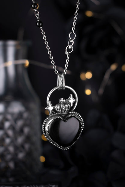 EKRJ1131 The Enchanted Noir Heart: One-of-a-Kind Sterling Silver & Black Onyx Crowned Necklace