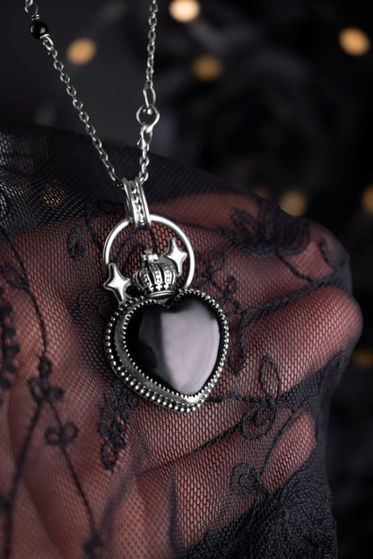 EKRJ1131 The Enchanted Noir Heart: One-of-a-Kind Sterling Silver & Black Onyx Crowned Necklace