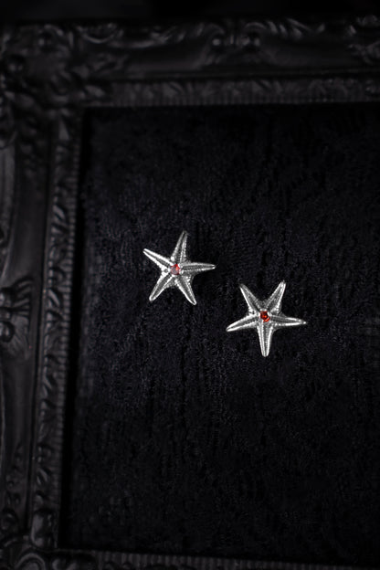 EKRJ1133 Handmade Sterling Silver Starfish Stud Earrings with Red Garnet Cubic Zirconia