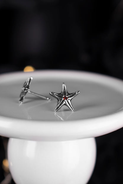 EKRJ1133 Handmade Sterling Silver Starfish Stud Earrings with Red Garnet Cubic Zirconia