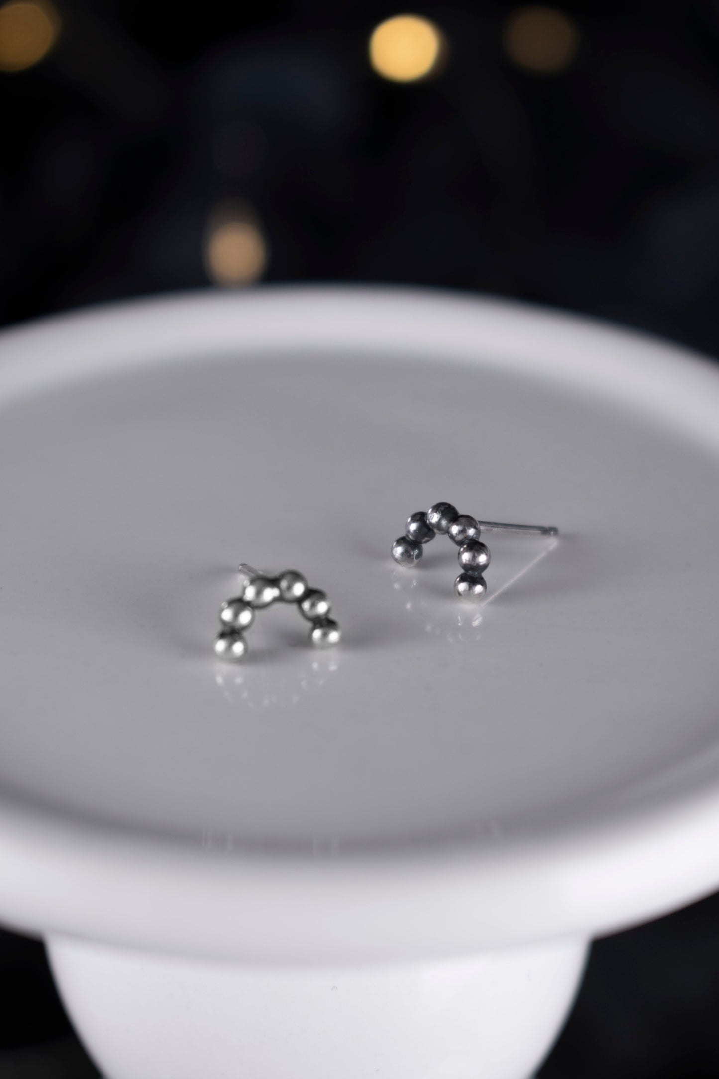 EKRJ1142 Silver Beaded Arch Studs, Handmade Dainty Dotted Earrings