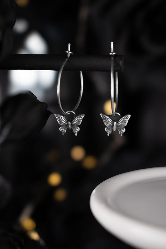 EKRJ1151 Handmade Sterling Silver Butterfly Hoop Earrings