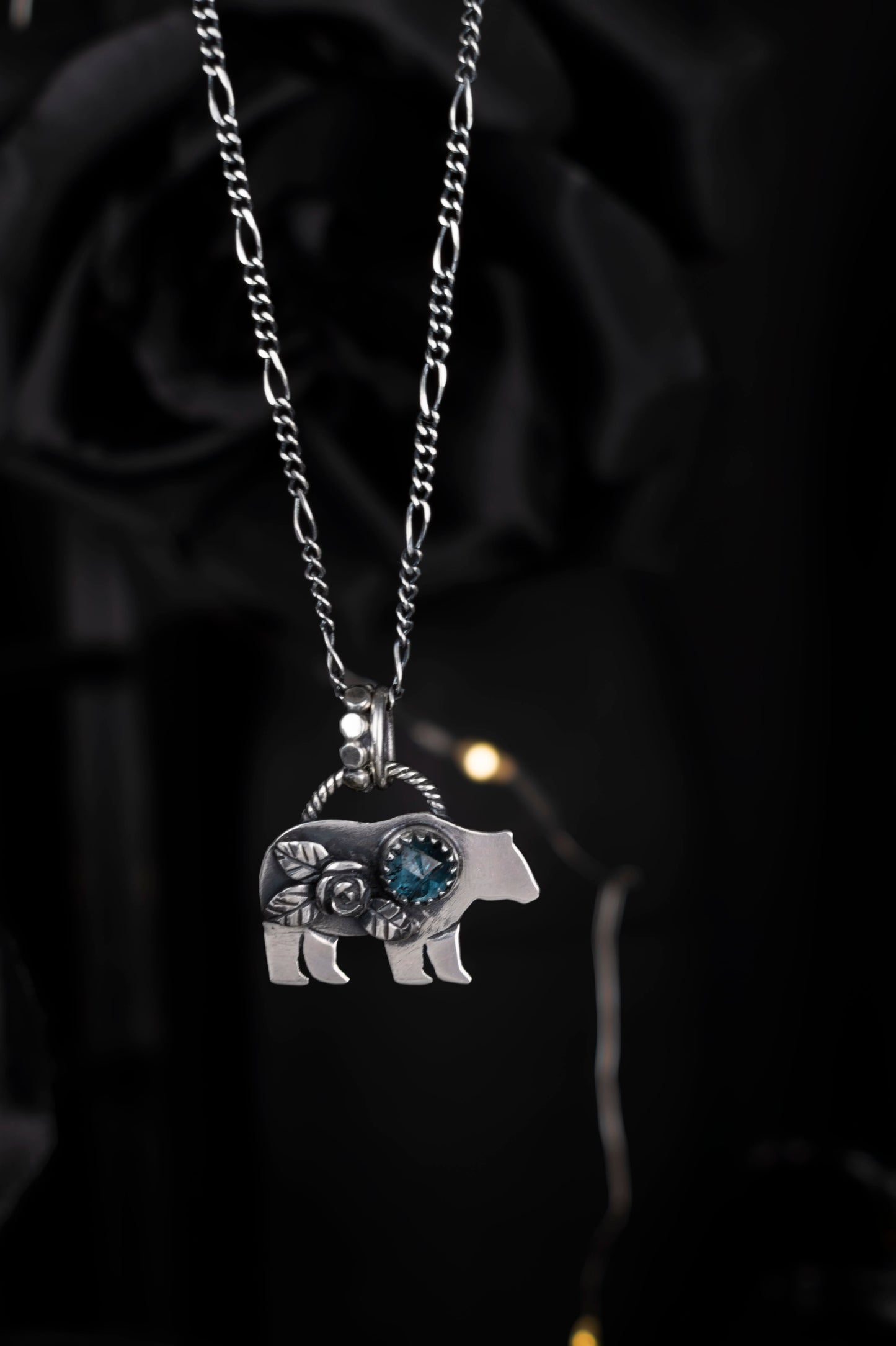 EKRJ1163 Mama Bear Necklace with Teal Moss Kyanite Sterling Silver Handmade Bear Pendant Natural Gemstone Jewellery