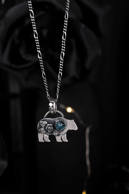 EKRJ1163 Mama Bear Necklace with Teal Moss Kyanite Sterling Silver Handmade Bear Pendant Natural Gemstone Jewellery