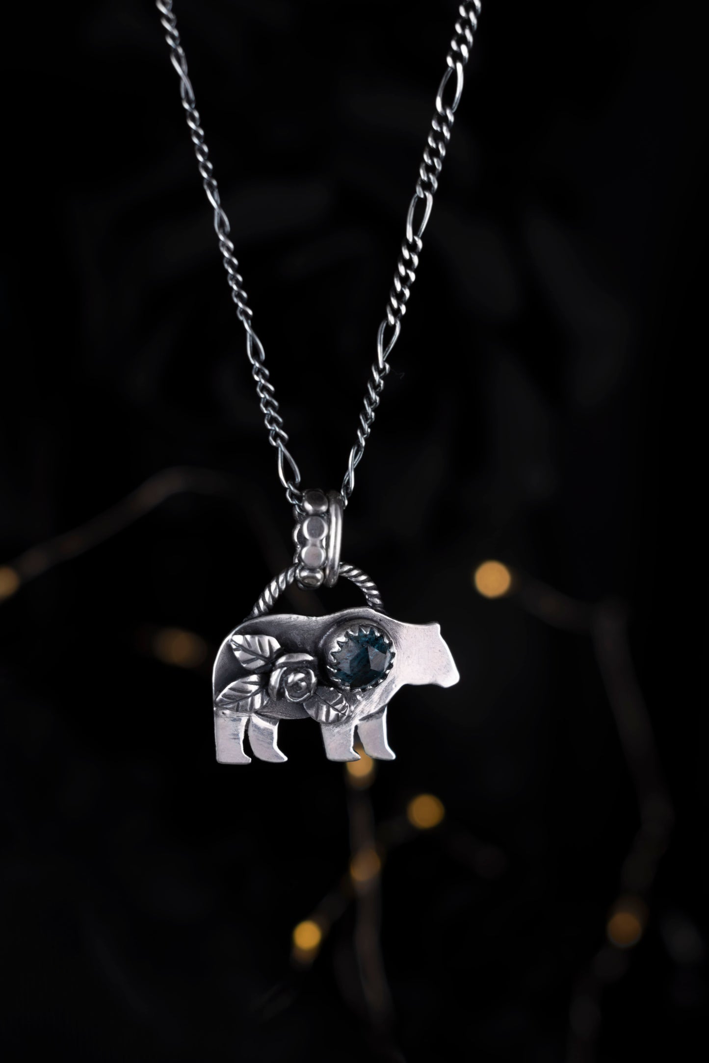 EKRJ1163 Mama Bear Necklace with Teal Moss Kyanite Sterling Silver Handmade Bear Pendant Natural Gemstone Jewellery