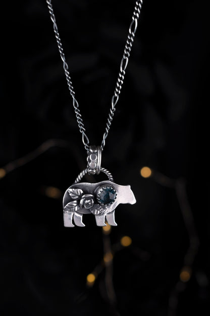 EKRJ1163 Mama Bear Necklace with Teal Moss Kyanite Sterling Silver Handmade Bear Pendant Natural Gemstone Jewellery