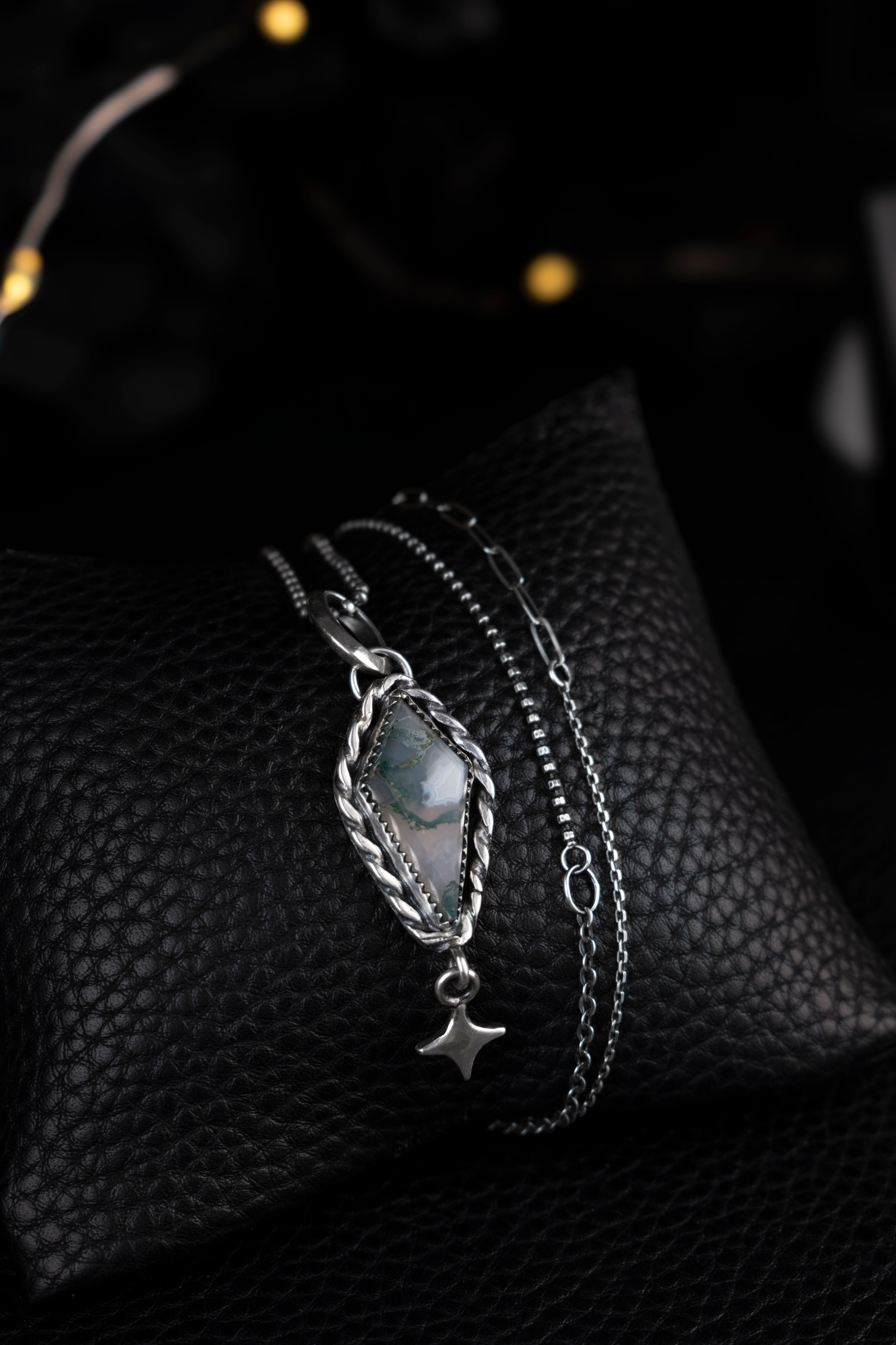 EKRJ1177 Moss Agate Silver Pendant Necklace Handmade Witchy Jewellery