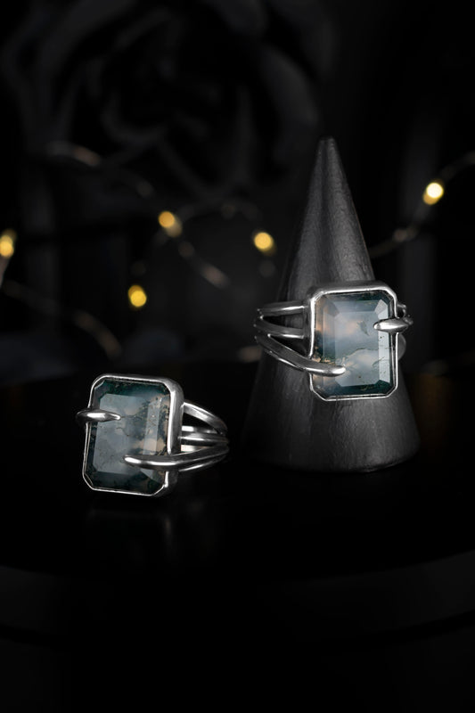 EKRJ1178 Handmade Moss Agate Statement Ring in Sterling Silver