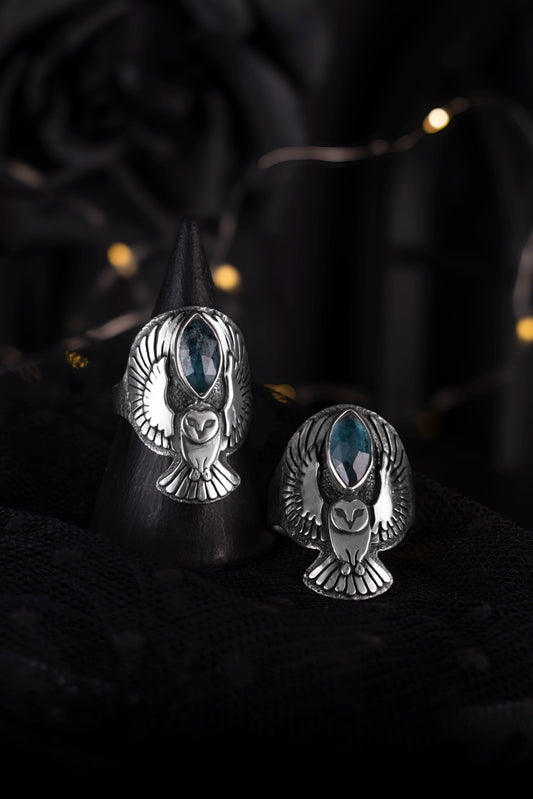EKRJ1182 EKRJ Handmade Sterling Silver Barn Owl Ring with Teal Moss Kyanite