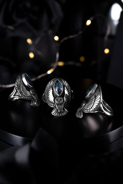 EKRJ1182 EKRJ Handmade Sterling Silver Barn Owl Ring with Teal Moss Kyanite