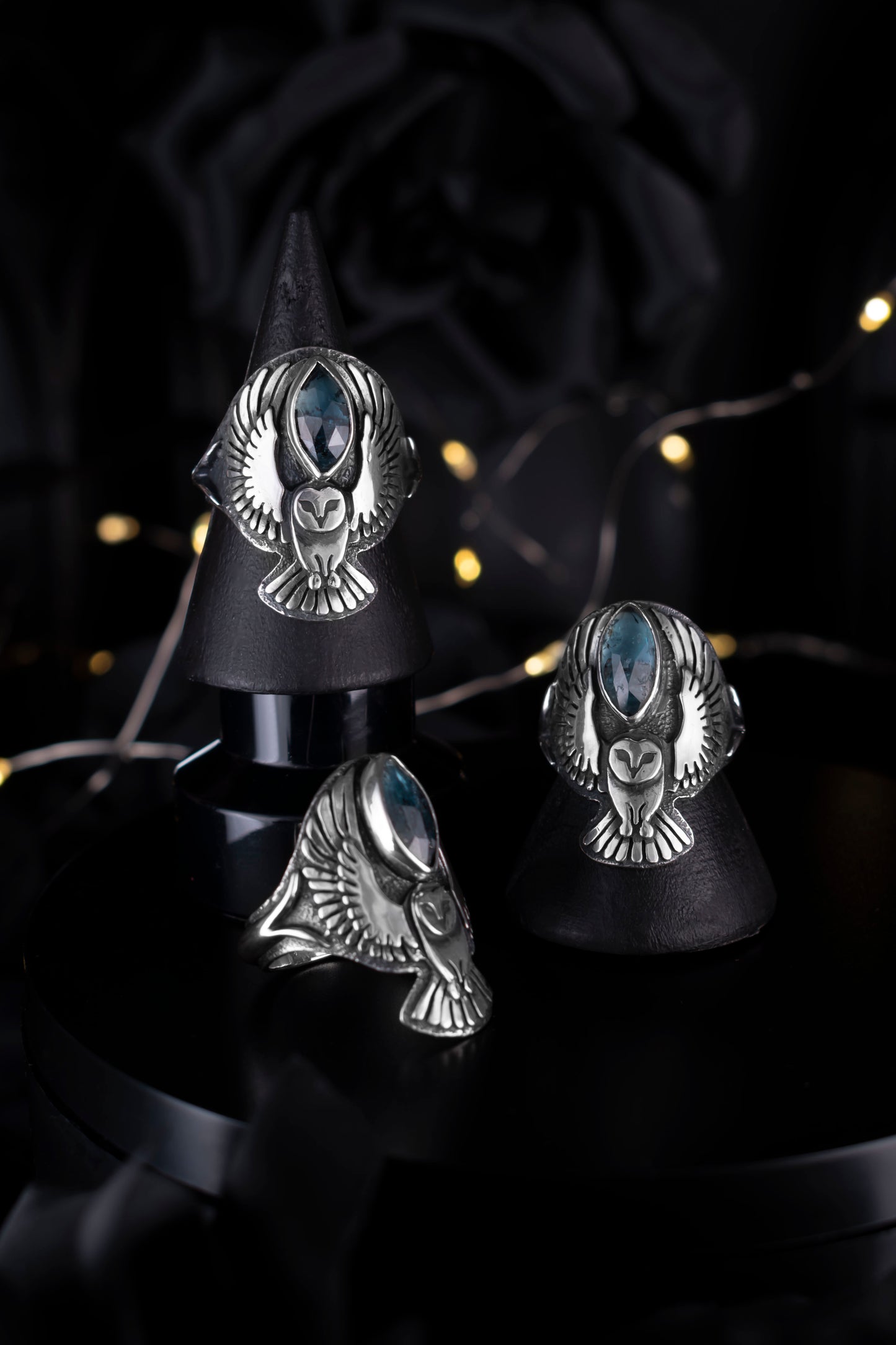 EKRJ1182 EKRJ Handmade Sterling Silver Barn Owl Ring with Teal Moss Kyanite