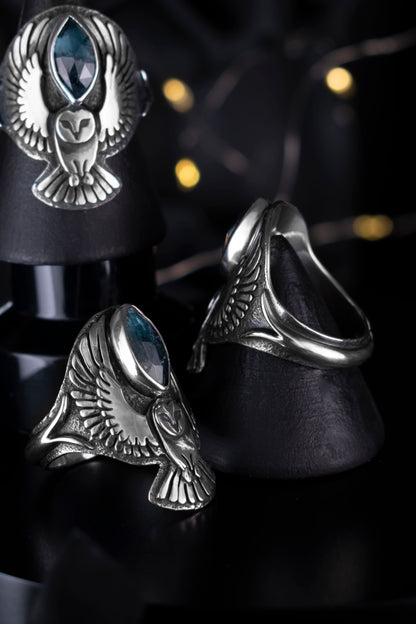EKRJ1182 EKRJ Handmade Sterling Silver Barn Owl Ring with Teal Moss Kyanite