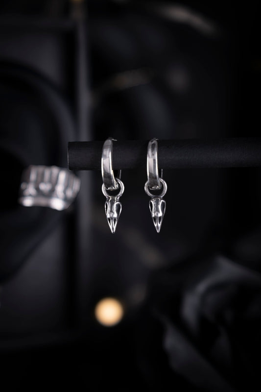 EKRJ1185 Tiny Crow Skull Hoop Dangle Sterling Silver Earrings