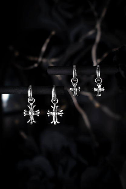 EKRJ1186 Gothic Flos Cross Hoop Dangle Sterling Silver Earrings