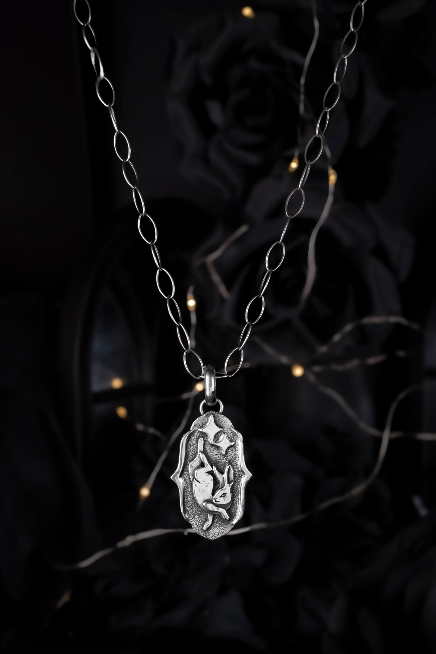 EKRJ1190 Handmade Sterling Silver Rabbit & Stars Charm Necklace