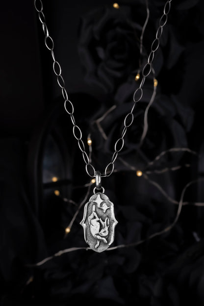 EKRJ1190 Handmade Sterling Silver Rabbit & Stars Charm Necklace