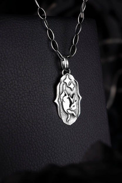 EKRJ1190 Handmade Sterling Silver Rabbit & Stars Charm Necklace