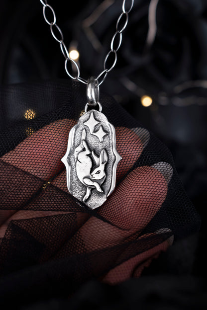 EKRJ1190 Handmade Sterling Silver Rabbit & Stars Charm Necklace