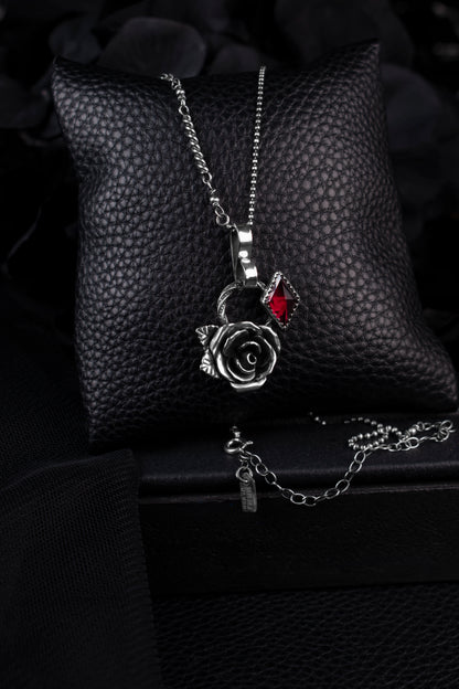 EKRJ1201 Handmade Sterling Silver Red Garnet Rose Pendant Necklace