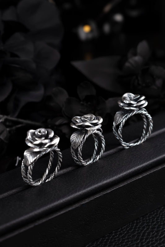 EKRJ1202 Solid Sterling Silver Rose & Vine Ring – Detailed Handmade Artisan Statement Jewelry