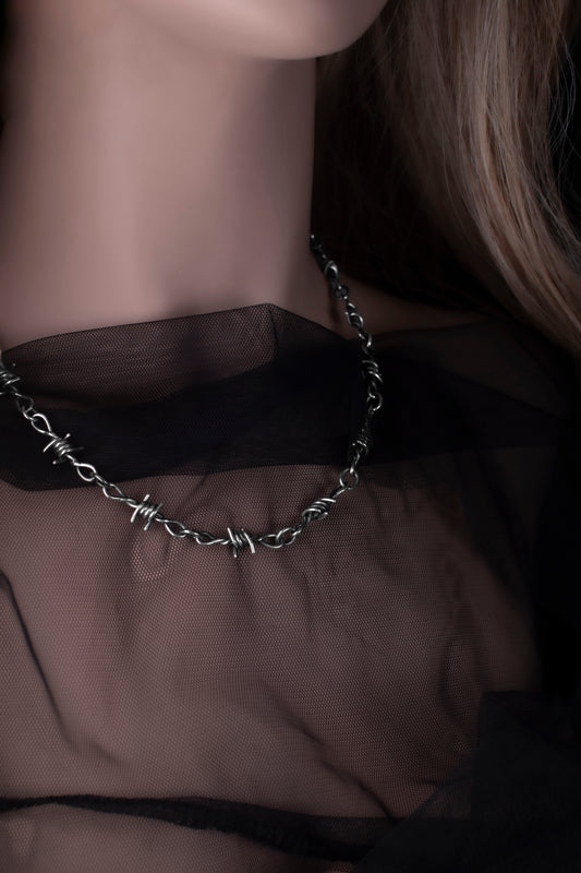 EKRJ1205 Handmade Sterling Silver Barbed Wire Necklace | EKRJ Gothic Silver Jewelry