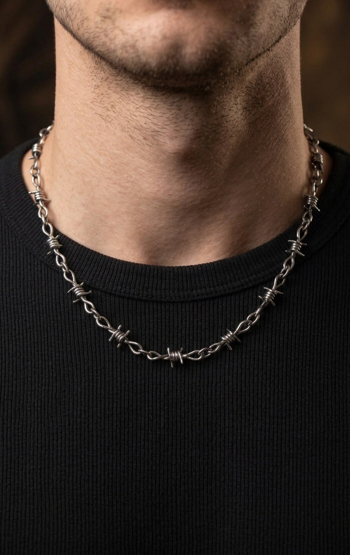 EKRJ1205 Handmade Sterling Silver Barbed Wire Necklace | EKRJ Gothic Silver Jewelry