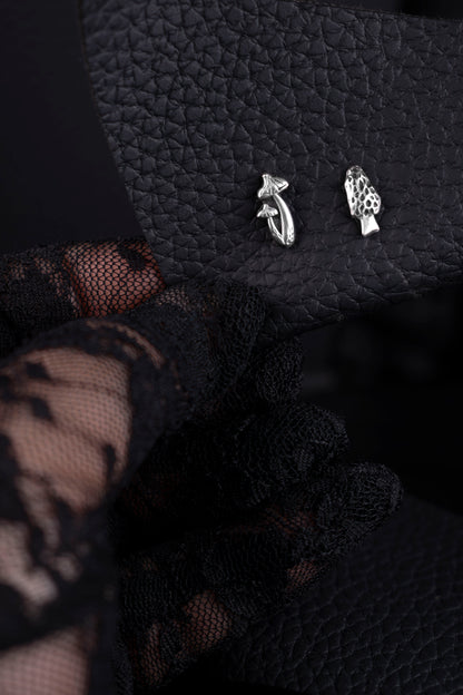 EKRJ1209_Asymmetrical Silver Mushroom Stud Earrings, 925 Sterling Silver Morel Fungi Studs | EKRJ