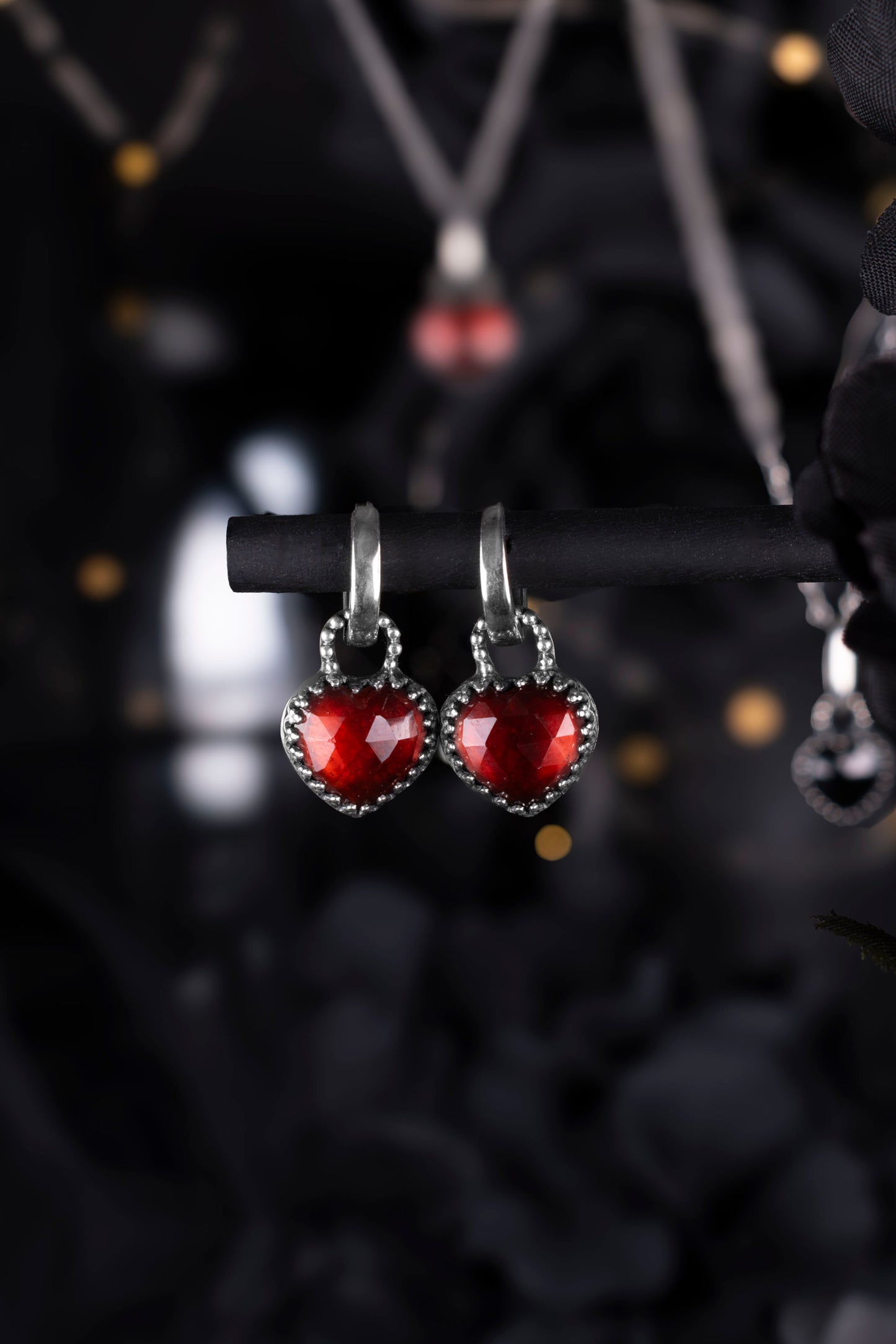EKRJ1212 Handmade Sterling Silver Hessonite Garnet Heart Hoop Earrings