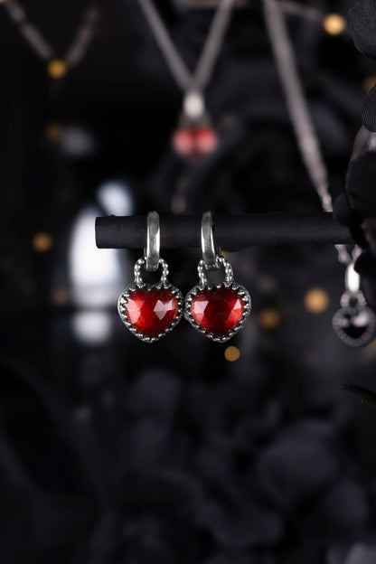EKRJ1212 Handmade Sterling Silver Hessonite Garnet Heart Hoop Earrings