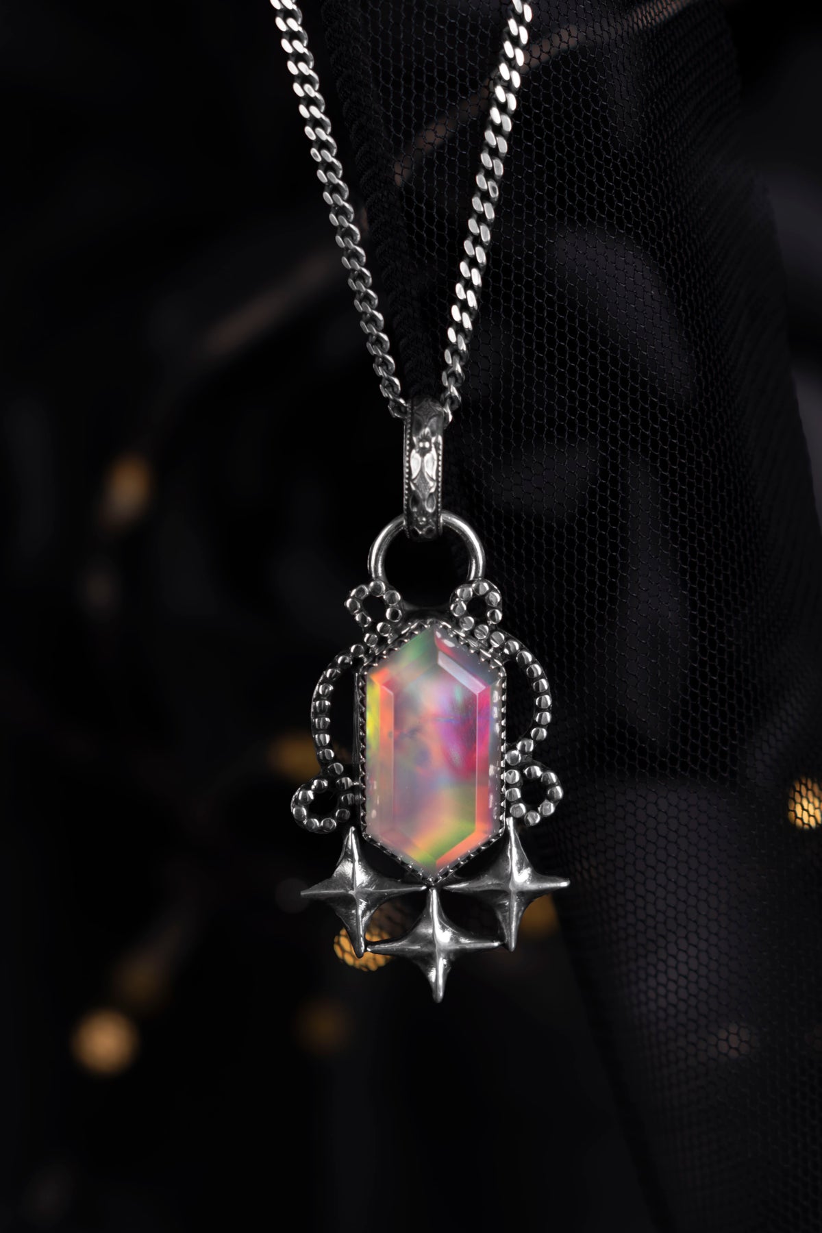 EKRJ1226 Handmade Sterling Silver Celestial Star & Aurora Opal Statement Pendant Necklace