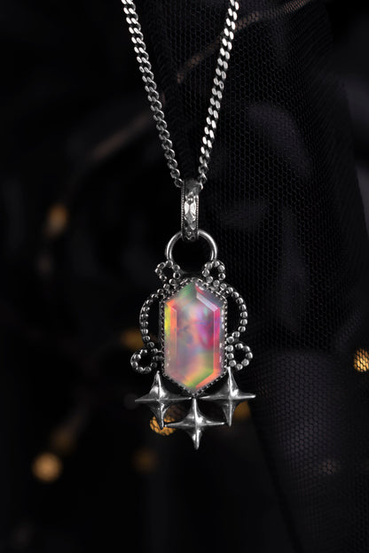 EKRJ1226 Handmade Sterling Silver Celestial Star & Aurora Opal Statement Pendant Necklace