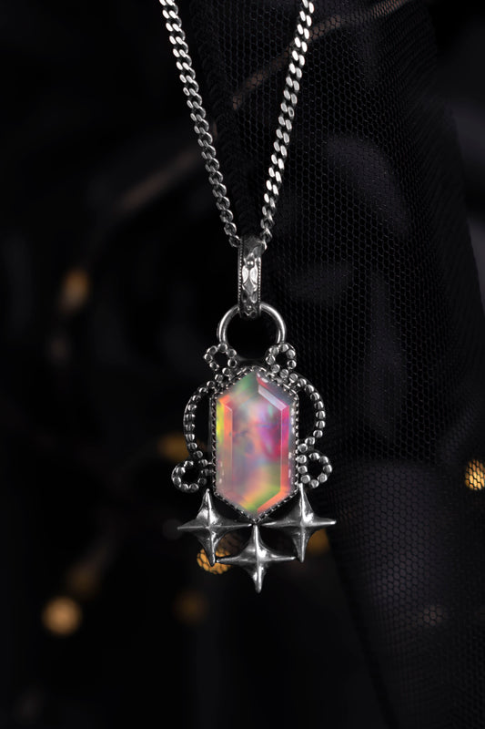 EKRJ1226 Handmade Sterling Silver Celestial Star & Aurora Opal Statement Pendant Necklace