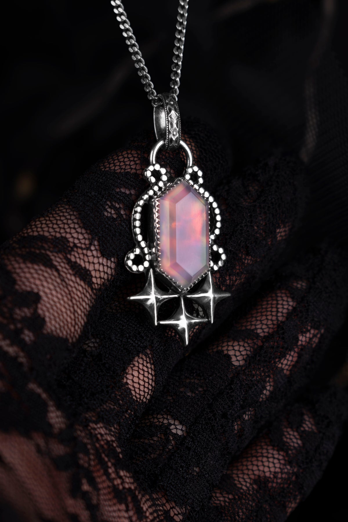 EKRJ1226 Handmade Sterling Silver Celestial Star & Aurora Opal Statement Pendant Necklace