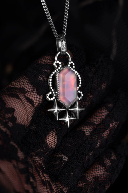 EKRJ1226 Handmade Sterling Silver Celestial Star & Aurora Opal Statement Pendant Necklace
