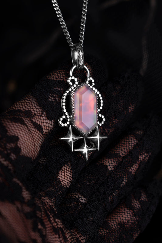 EKRJ1226 Handmade Sterling Silver Celestial Star & Aurora Opal Statement Pendant Necklace