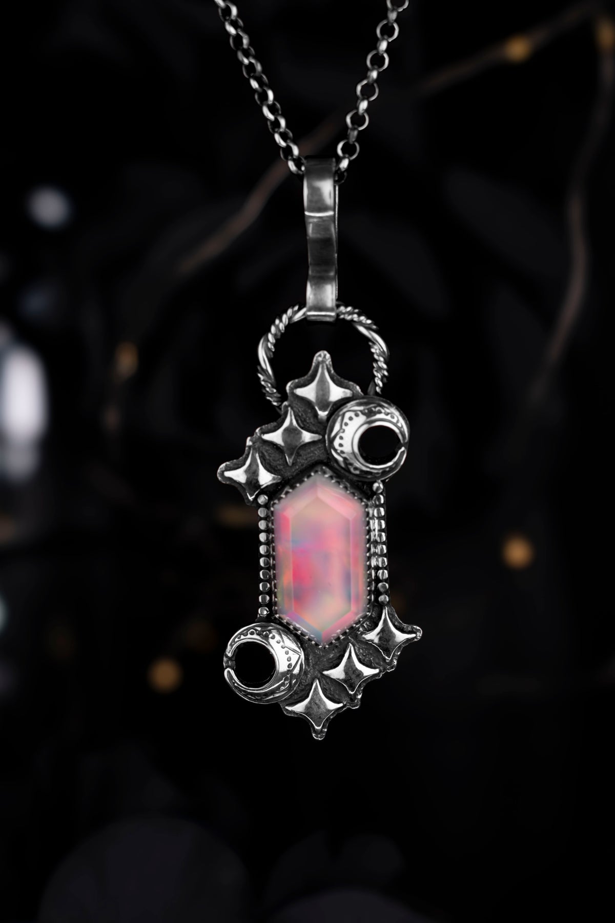 EKRJ1227 A Piece of the Cosmic Sky: Aurora Opal & Silver Crescent Pendant