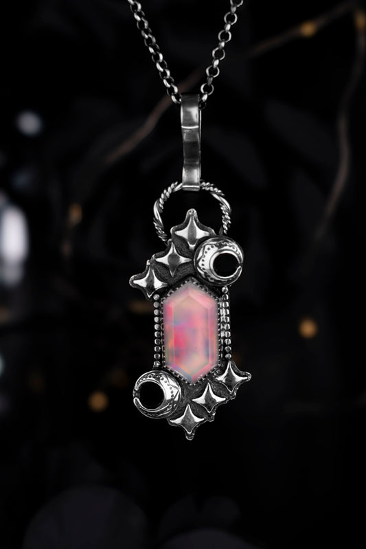 EKRJ1227 A Piece of the Cosmic Sky: Aurora Opal & Silver Crescent Pendant