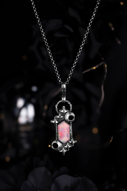 EKRJ1227 A Piece of the Cosmic Sky: Aurora Opal & Silver Crescent Pendant